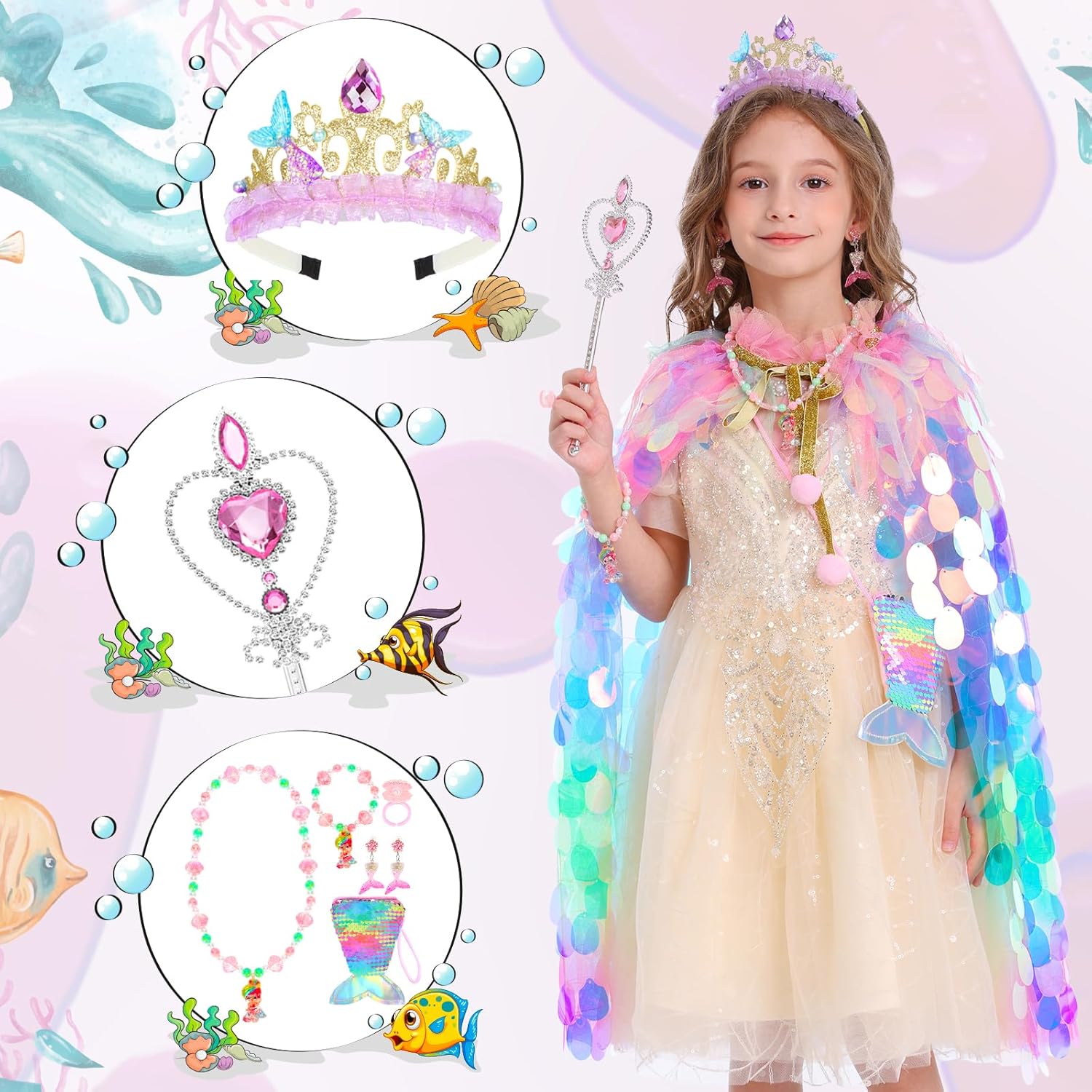 Thumbnail 3 de LIMIROLER Mermaid Princess Dress Up Kit 9 pcs
