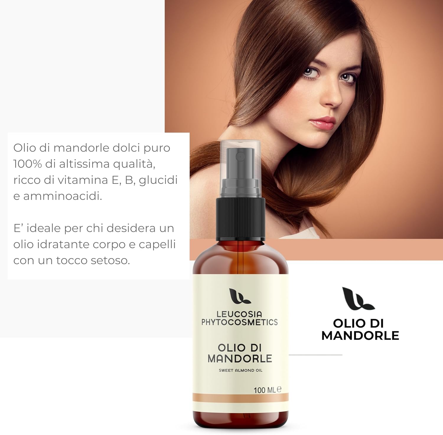 Detalle de Olio di Mandorle Dolci Leucosia 100% puro – Multiuso per corpo, viso e capelli (100 ml)
