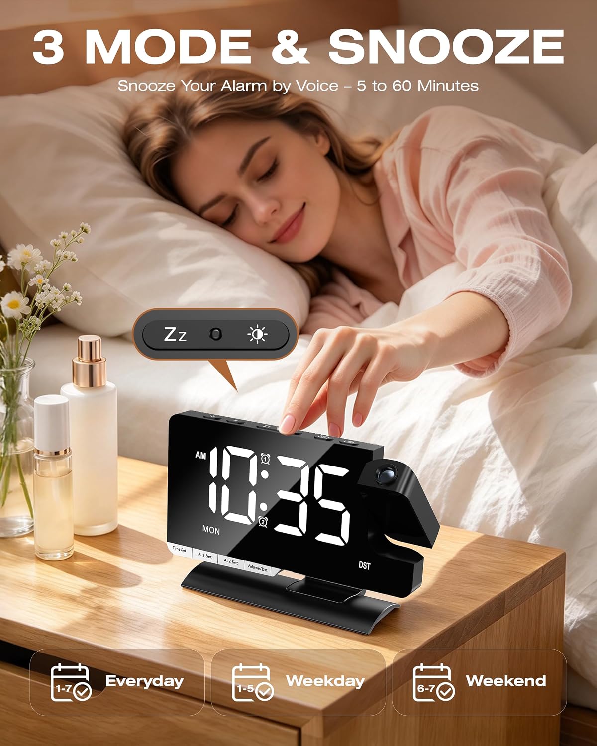 Thumbnail 6 de Venchin Réveil Projection projectiewekker met 7,3-inch ledscherm en dubbel alarm