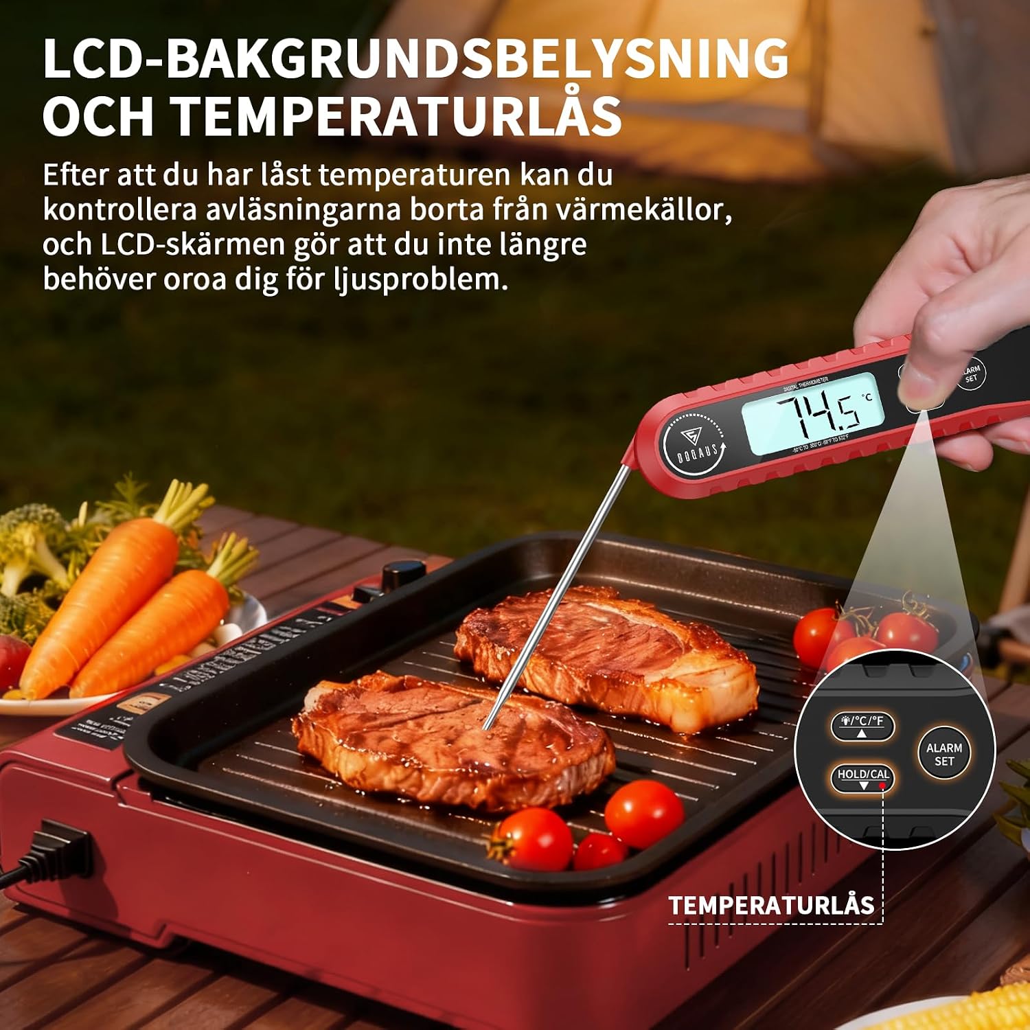 Detalle 1 de DOQAUS CP8 PRO digital stektermometer med 100 cm sond och temperaturlarm, röd