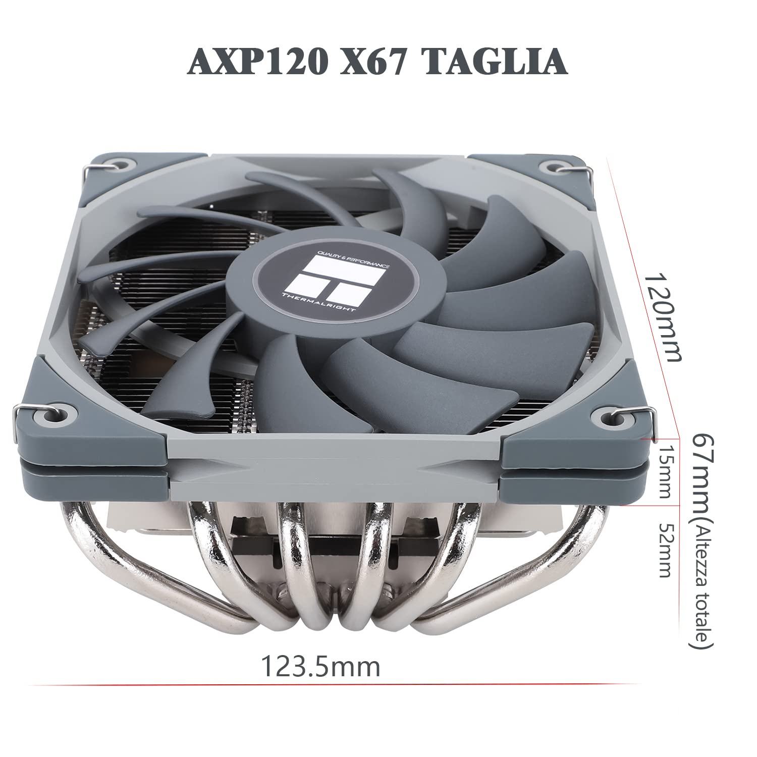 Detalle de Thermalright AXP120-X67 CPU-luchtkoeler met 6 heatpipes en PWM-ventilator