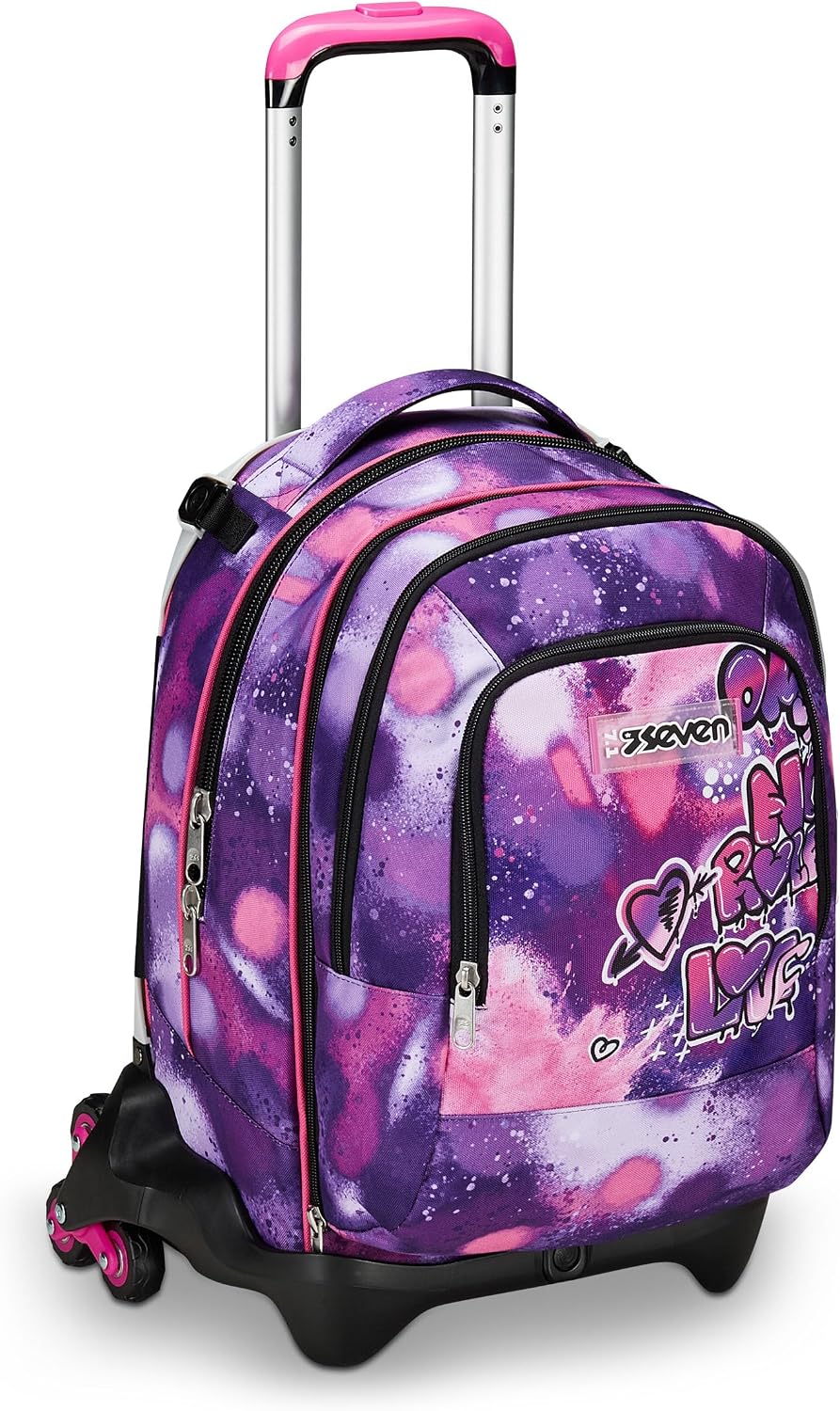 Detalle de Seven Zaino Trolley Scuola Elementare per Bambina – 3 Ruote Detach, Spallacci a Scomparsa, colore viola/rosa
