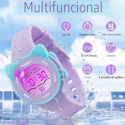 Detalle de Ayybboo Reloj Infantil Digital con 7 LEDs: reloj deportivo, impermeable 3 ATM y funciones completas