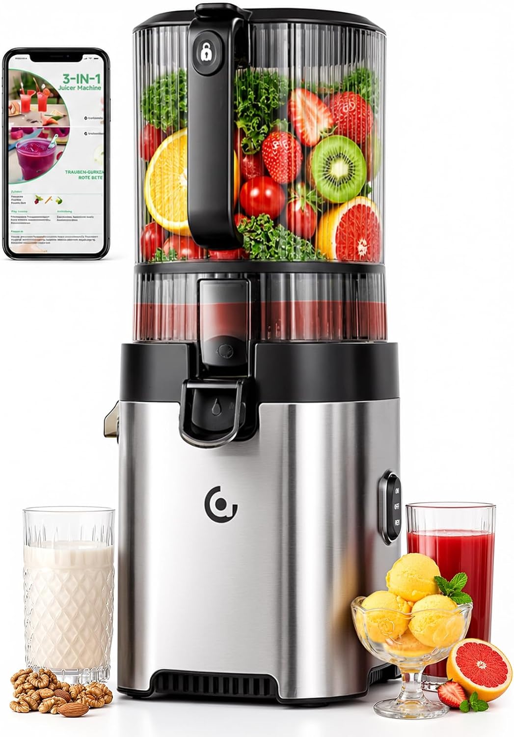 Detalle de AMZCHEF ZM1939 3-in-1 Cold Press Juicer, 6.5-inch Chute, 600W
