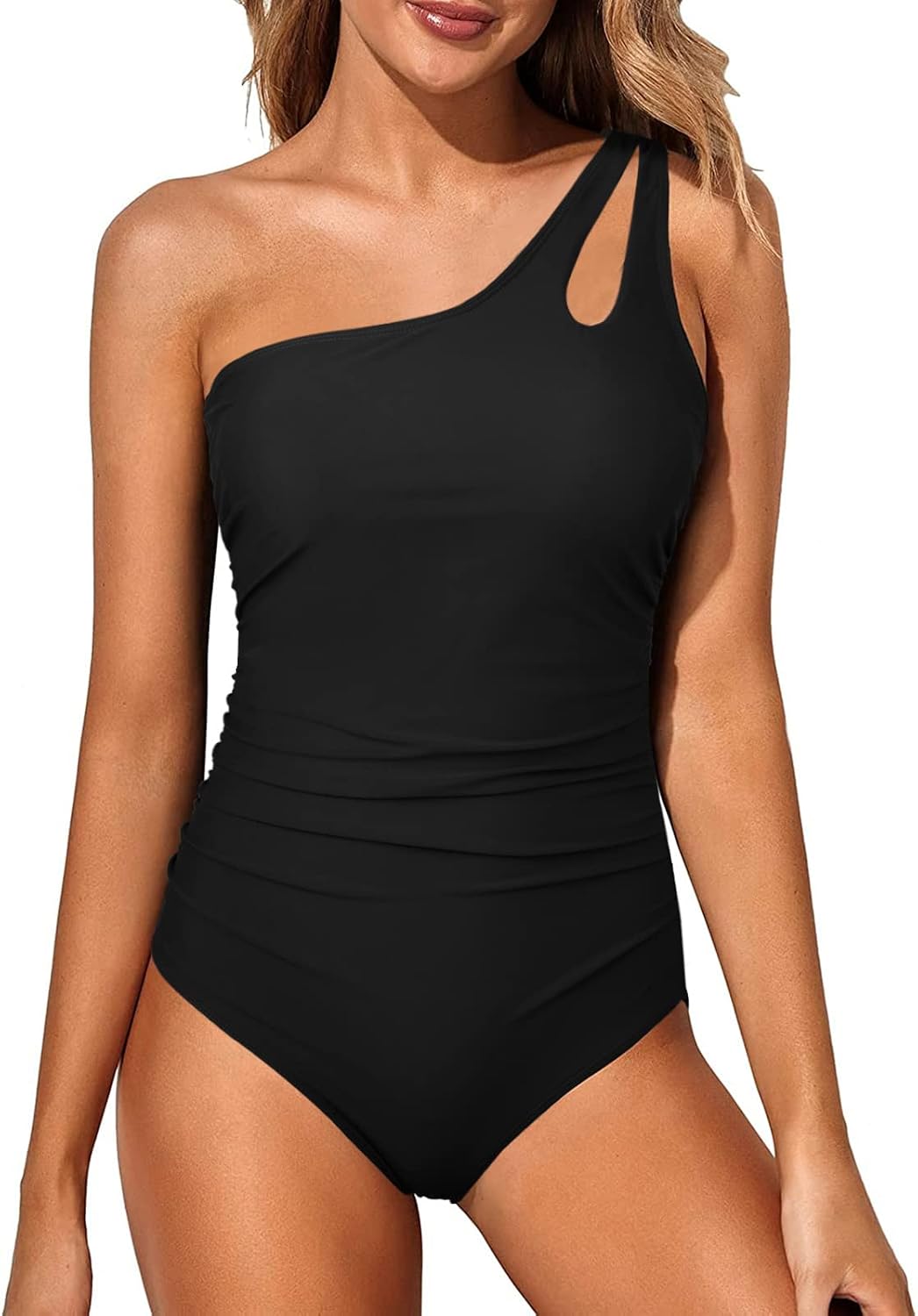 Detalle de Wantonfy Damen Badeanzug One Shoulder Push Up – Bauchweg, asymmetrisch