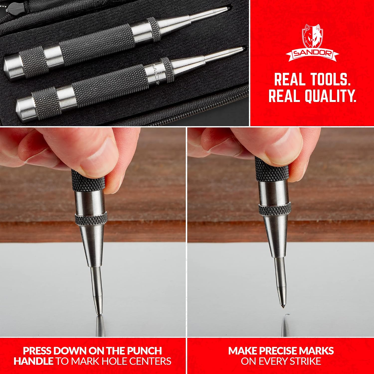 Thumbnail 2 de Lot de 2 poinçons automatiques robustes en acier trempé avec capuchon moleté et étui rigide – Sandor Tool