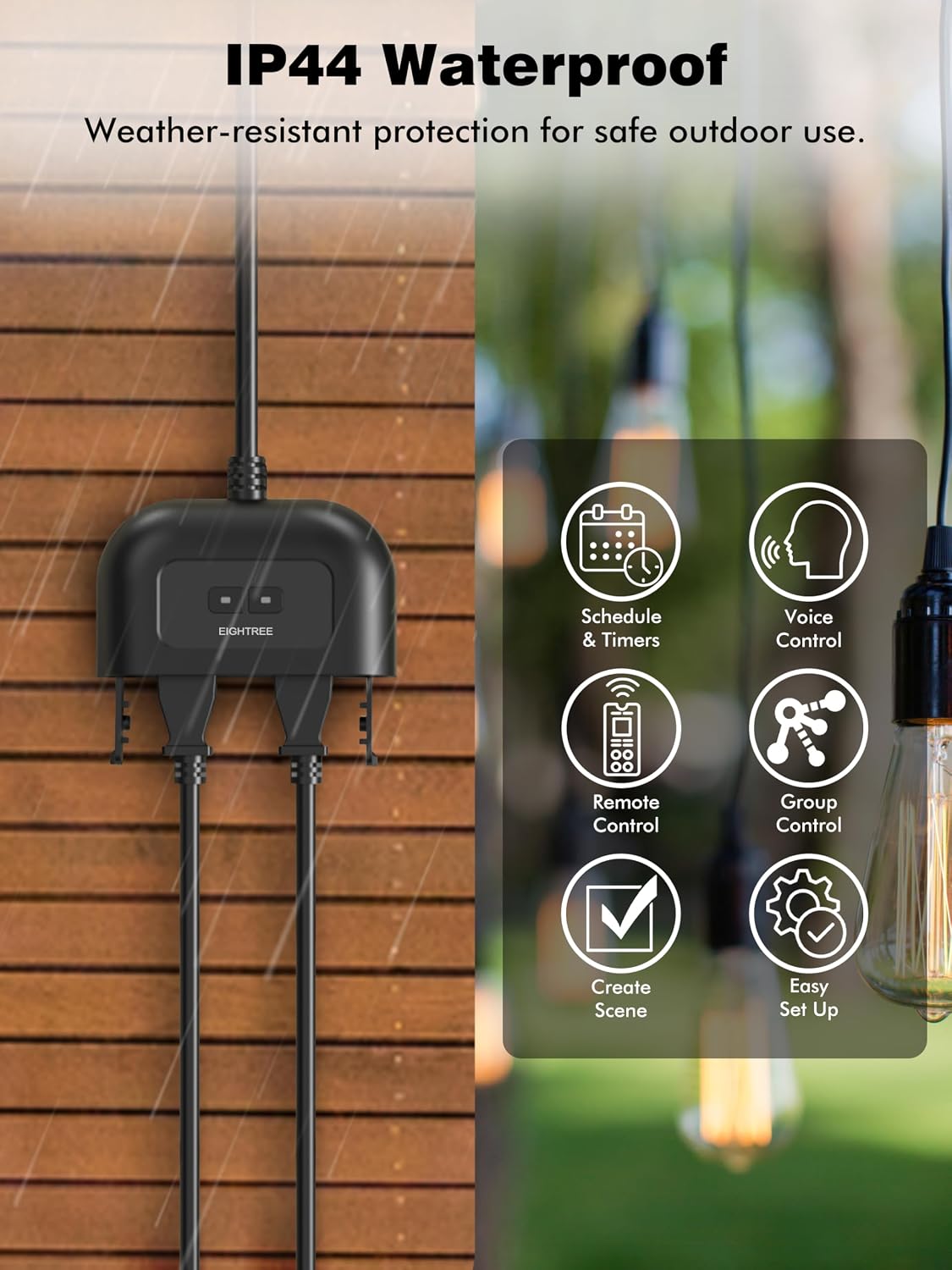 Detalle de EIGHTREE ET75 Outdoor Smart Plug, Dual Outlets, Dual-Band Wi-Fi, IP44