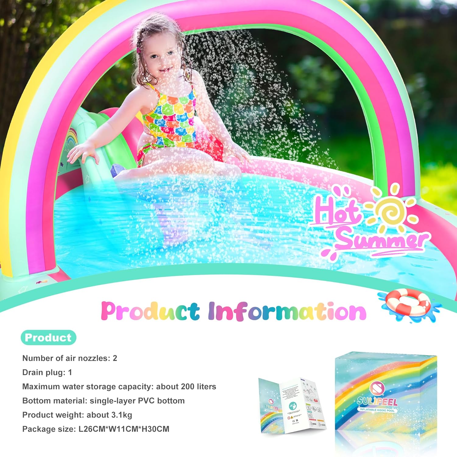 Detalle 2 de SULIFEEL Rainbow Unicorn Inflatable Play Center: 96'' x 59'' x 39'' Kiddie Pool with Slide and Sprinkler