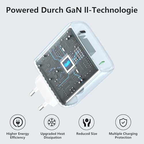 Detalle de Chargeur USB-C 65W Kndaa avec GaN II, PD3.0 et PPS — câble USB-C 2 m – Blanc