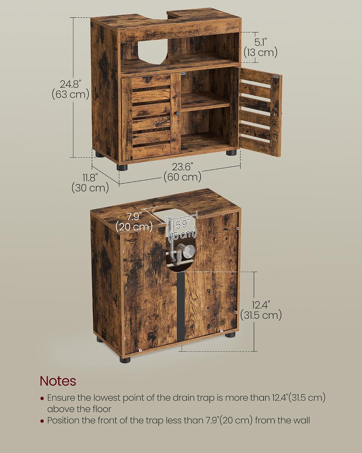 Detalle de VASAGLE BBK04BX Under-Sink Cabinet, Rustic Brown, Adjustable Shelf
