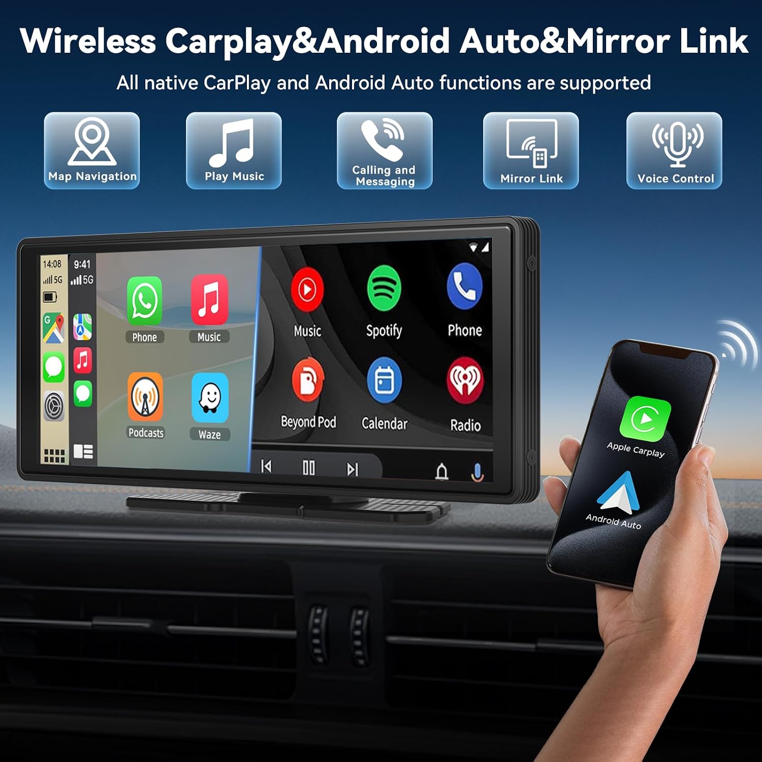 Detalle de Écran Carplay sans Fil 10,26" avec Dashcam 4K et Caméra de recul 1080P – CarPlay, Android Auto, GPS, BT et Mirror Link