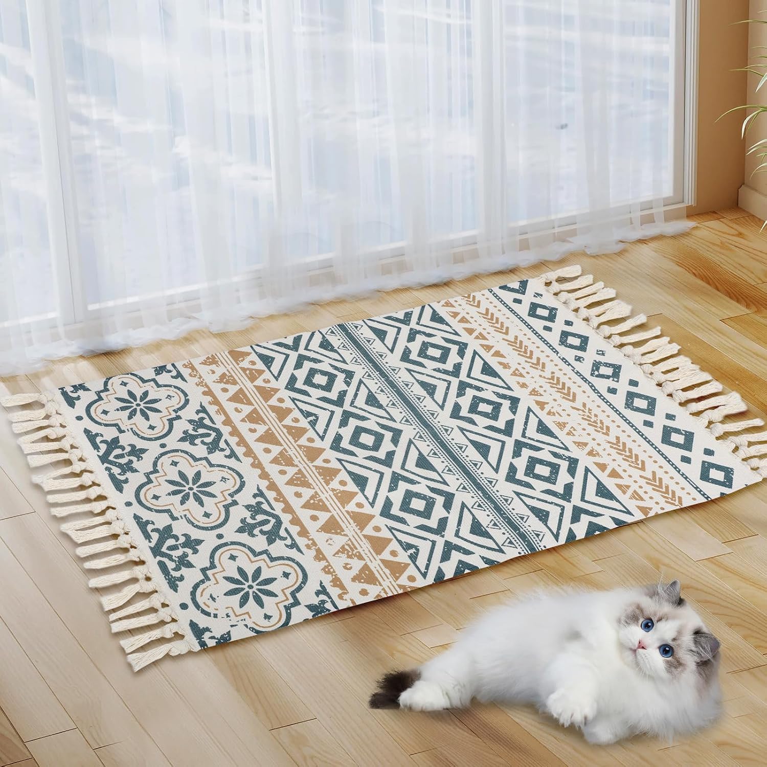 Detalle 2 de MORROWCAMP Boho Cotton Small Rug 58x88 cm with Tassels – Beige Grey Moroccan Floral Style Woven Washable Rug