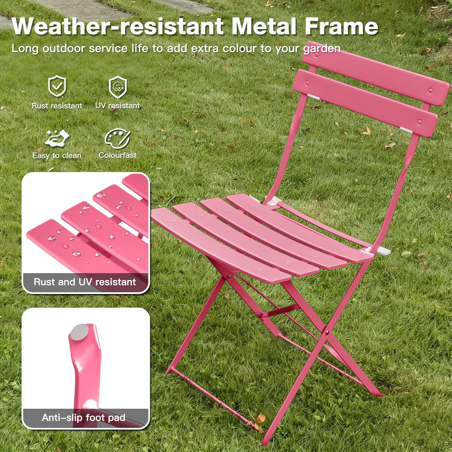 Detalle 2 de RELAX FIELD Folding Bistro Table and Chairs Set (3-piece) for Balcony, Rose Red