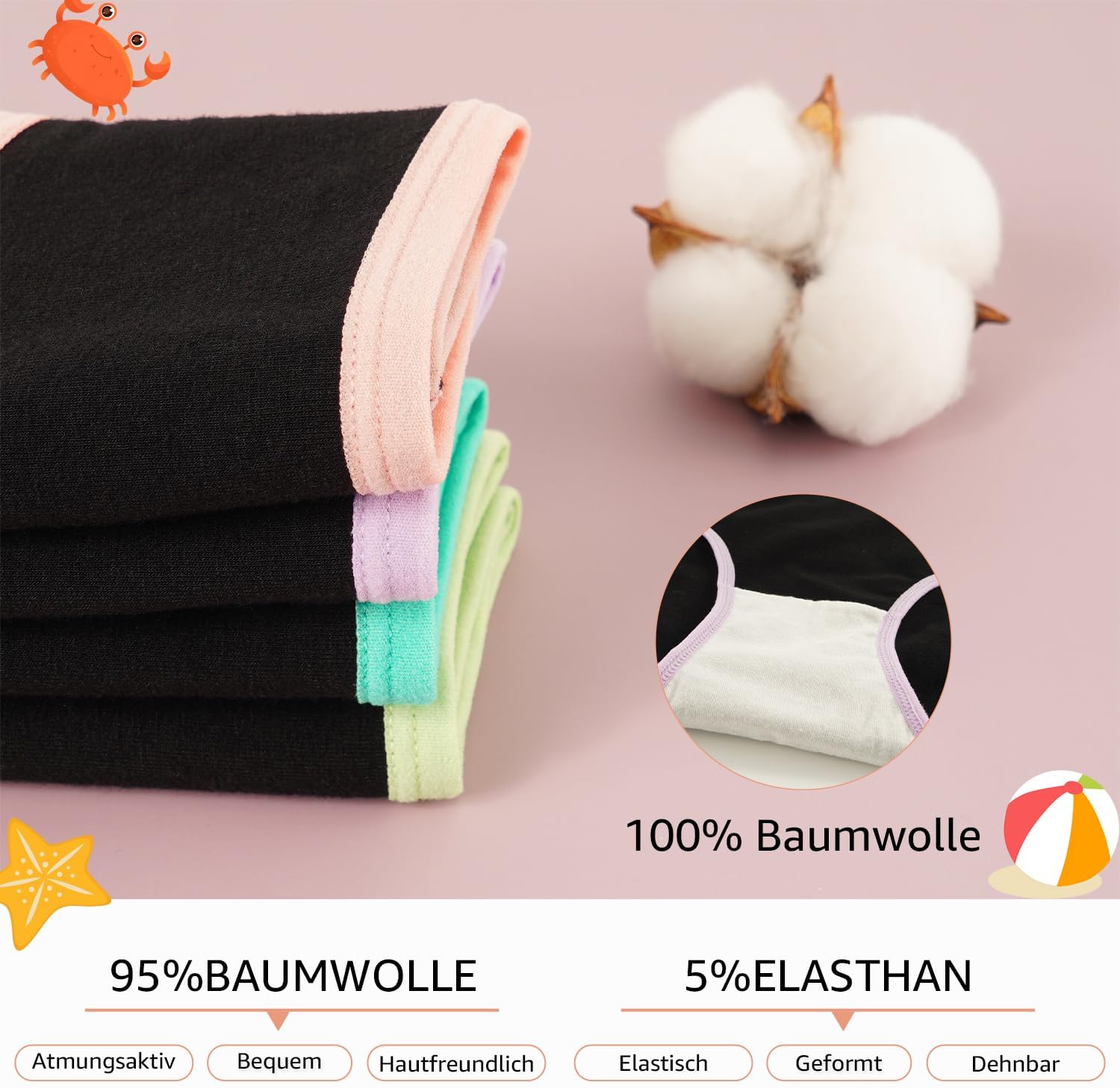Detalle de INNERSY Mädchen Unterhosen aus Baumwolle (8–16 Jahre) – 6er Pack bequeme Slips ohne Etiketten