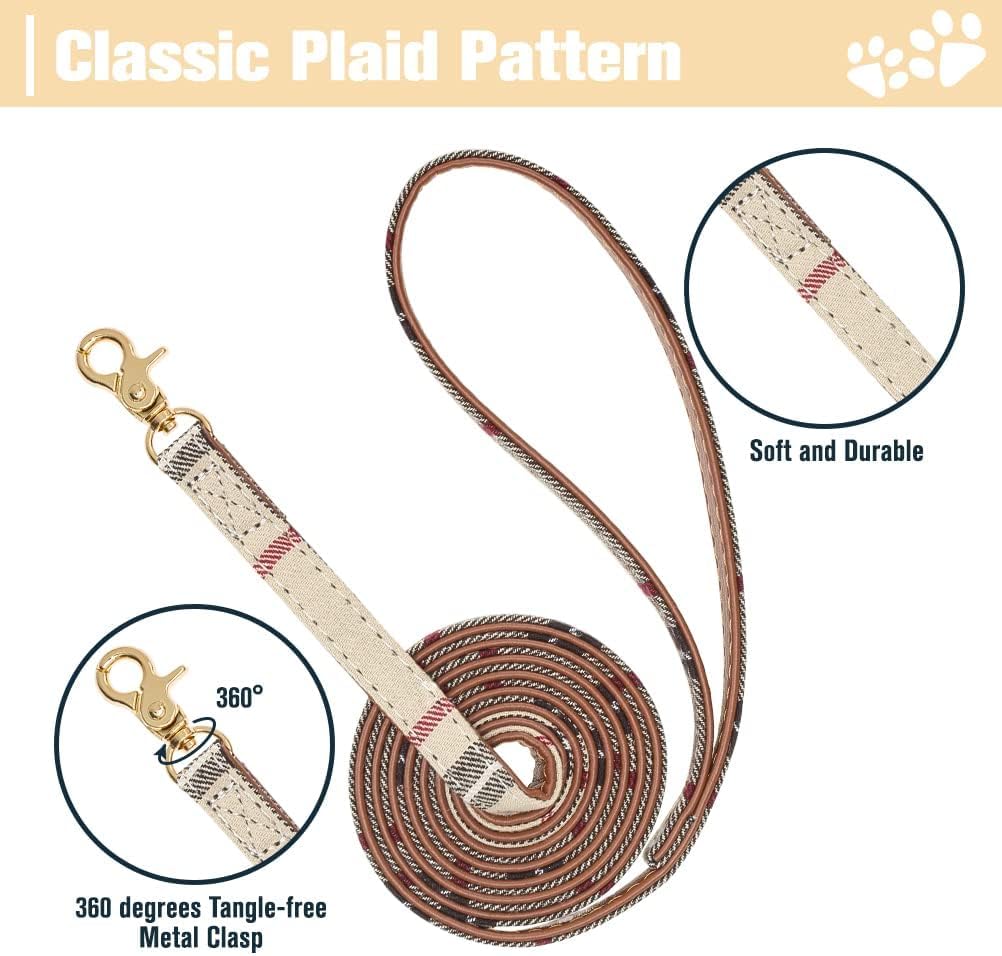 Detalle de EXPAWLORER Classic Plaid Dog Collar with Bow Tie and Pawprint Bandana – Brown, Medium