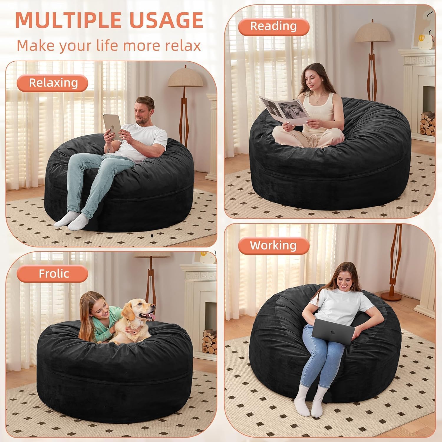 Detalle 1 de HABUTWAY XYX-62-043-BLACK-CA 3FT Bean Bag Chair with Memory Foam