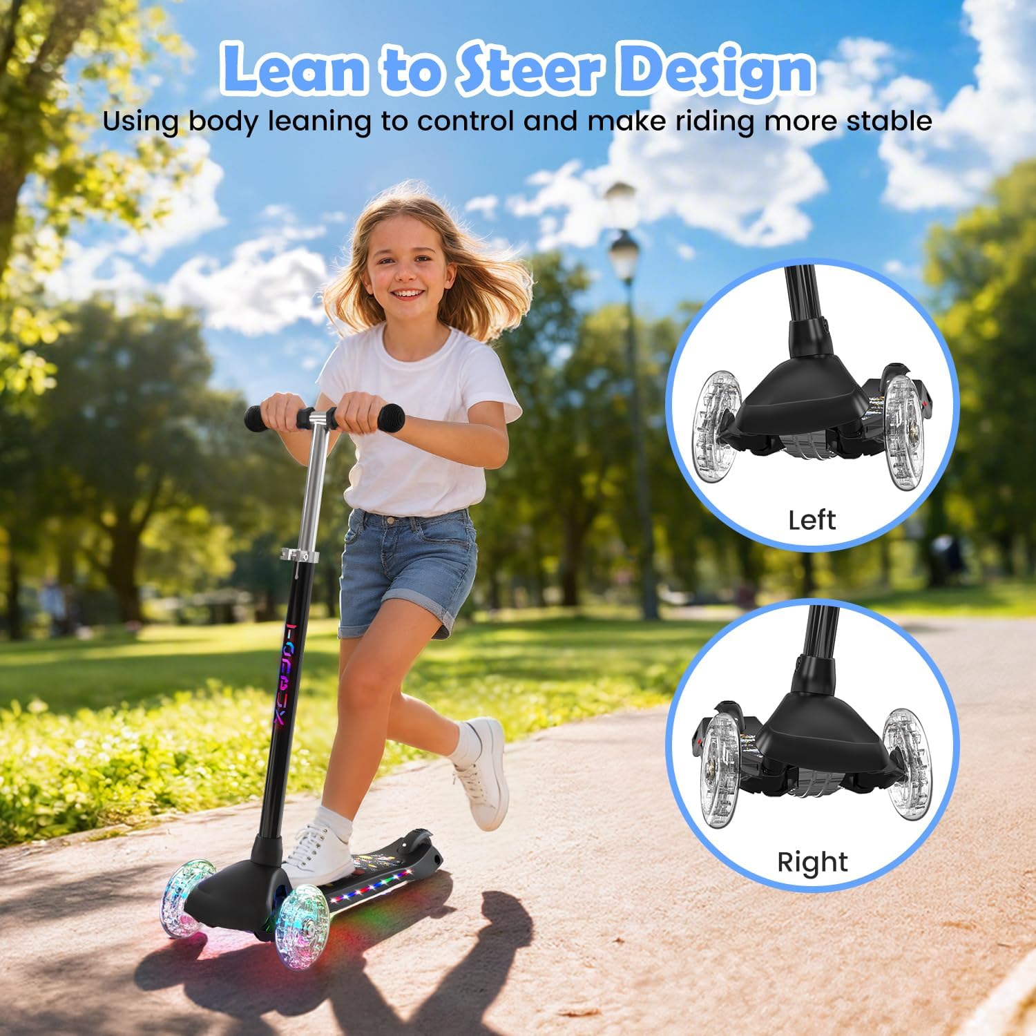 Detalle de TONBUX Monopattino Bambini 3-8 Anni con Ruote e Vassoio Luminoso – Lean-to-Steer e Altezza Regolabile