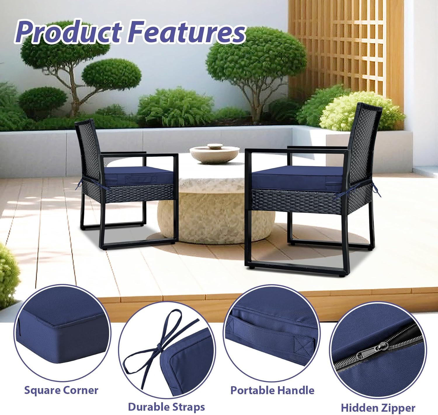 Detalle de IPYNBAP Outdoor Chair Cushions Set of 4 (19" x 19" x 3"), Waterproof Navy Seat Pads with Ties & Handle