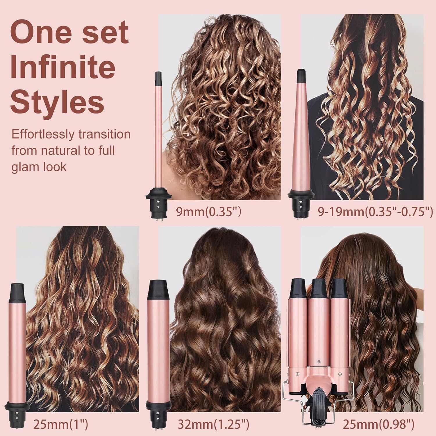 Detalle de UNOBEY 5 in 1 Curling Wand Set – three-barrel curling iron with 4 interchangeable ceramic barrels (0.35–1.25")
