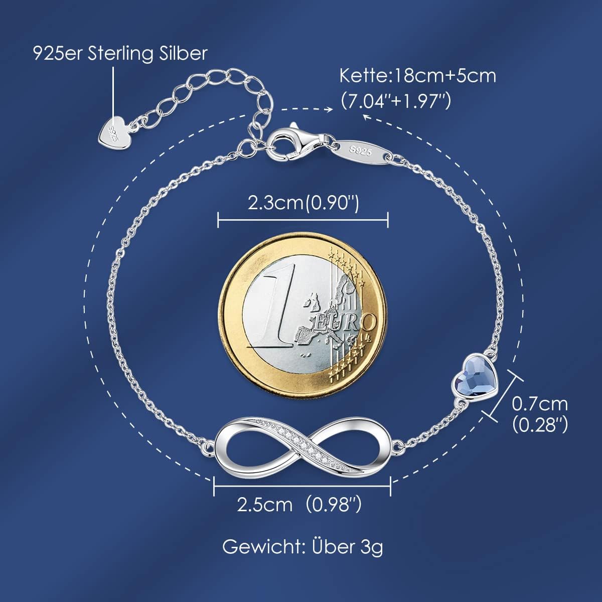 Thumbnail 3 de Infinity Armband für Damen mit Herz-Anhänger, 925 Sterling Silber Roségold – verstellbar mit Kristallen
