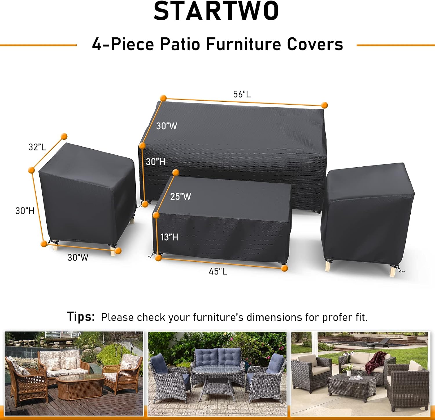 Detalle de STARTWO Black-X-Large 4-Piece Patio Furniture Cover Set, Waterproof Oxford