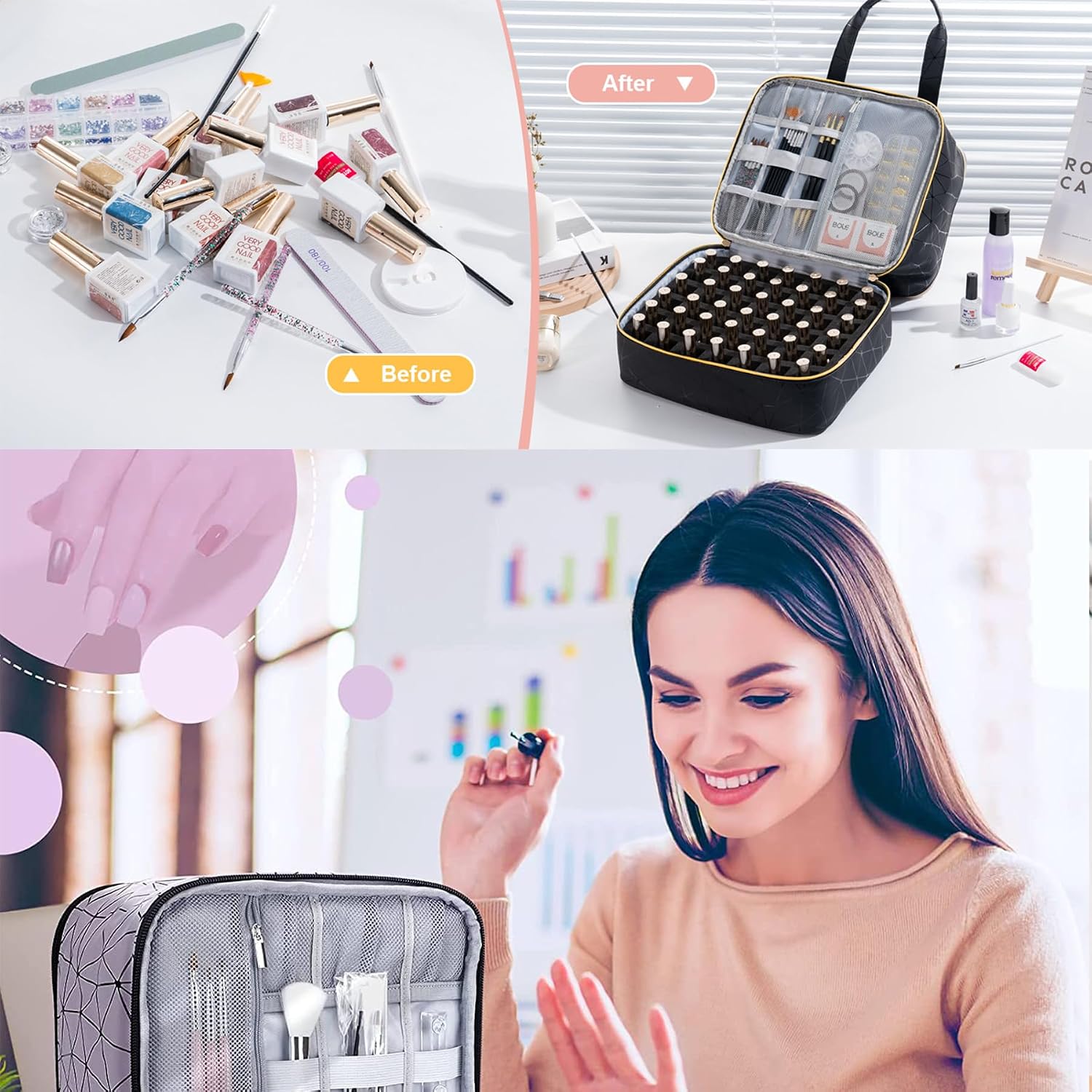 Thumbnail 1 de BYLife Pink Large Nail Polish & Makeup Organizer Bag