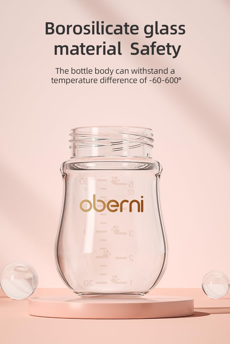 Detalle 2 de Oberni Anti-Colic Glass Baby Bottles with Slow Flow Teat – 150ml, Wide-Neck (2-Pack), Blue