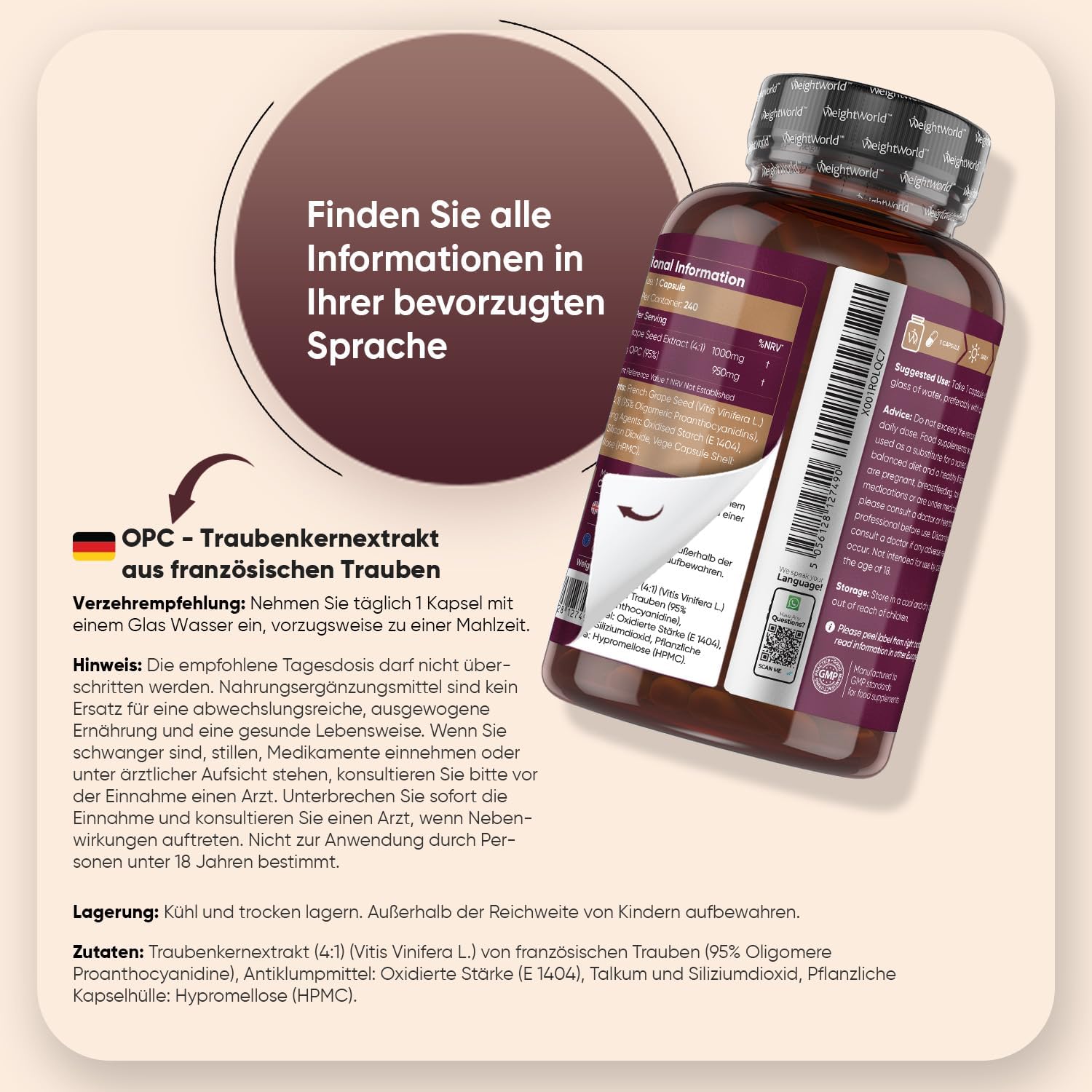 Thumbnail 3 de WeightWorld OPC Kapseln mit 95% OPC aus französischen Traubenkernen – 240 Kapseln à 250 mg