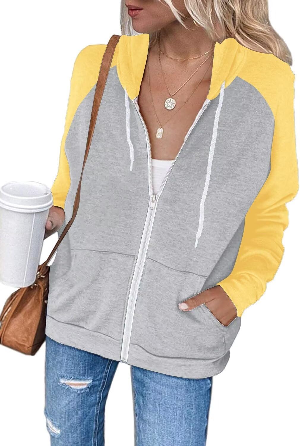 Thumbnail 5 de LACOZY Women’s Long Sleeve Zip-Up Hooded Hoodie Jacket (Oversized Colour Block)