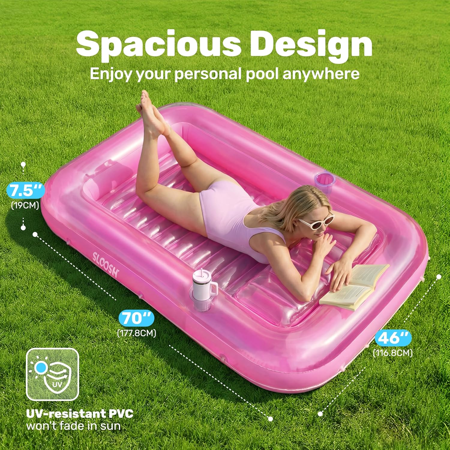 Thumbnail 1 de SLOOSH Inflatable Tanning Pool Lounger Float (70" x 46"), Pink - 4-in-1 Suntan Tub Raft