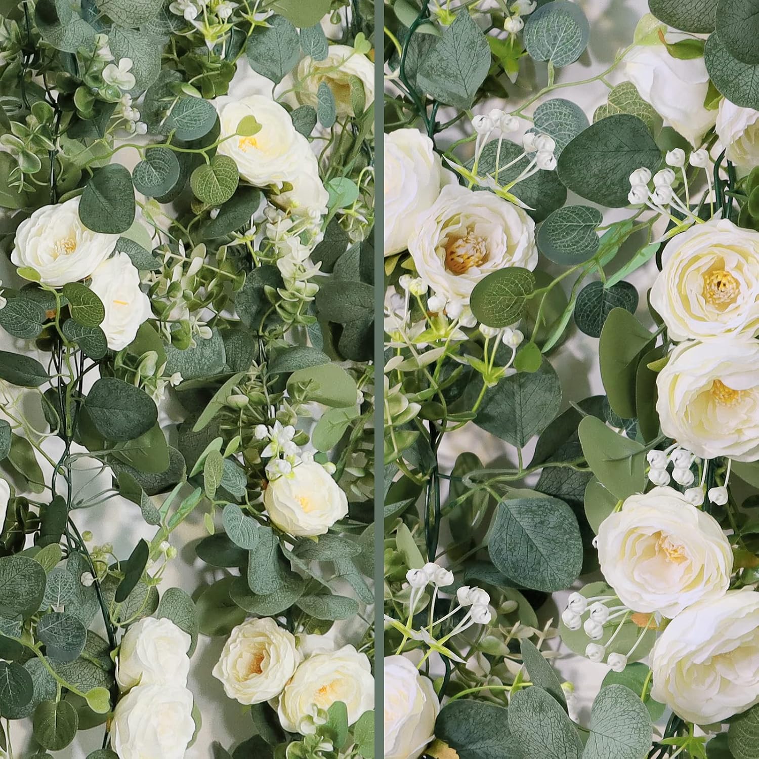Detalle de TOCHGREEN 144 Artificial Eucalyptus Garland, 2-Pack with White Roses, 13 ft