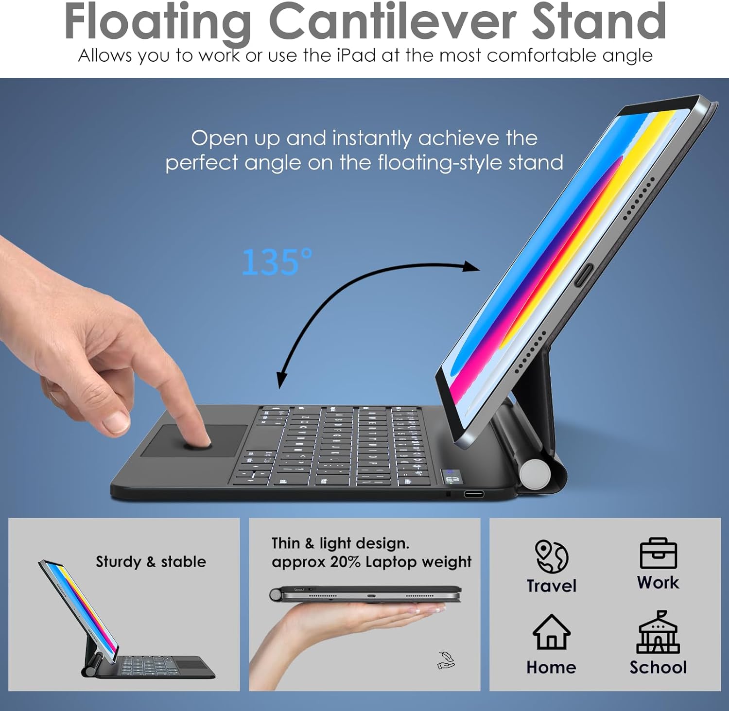 Detalle de TECHGEAR Floating Keyboard Case for iPad A16 11" (2025) & iPad 10.9" (10th Gen 2022): Magnetic Cantilever Stand, Multi-Touch Trackpad & 7-Colour Backlight