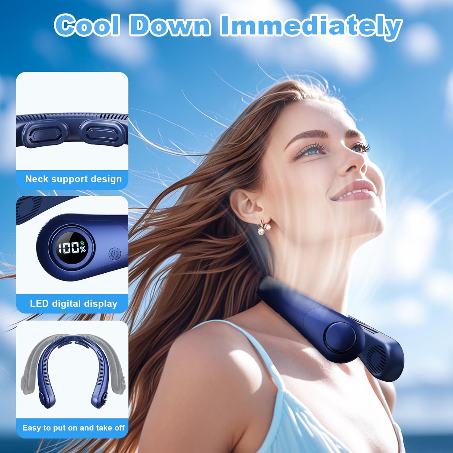 Detalle de CRISLEX Portable Neck Fan: 5-Speed, Bladeless Cooling with LED Display