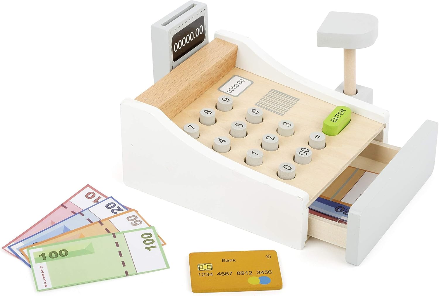 Detalle de Small Foot Spielkasse aus Holz – inkl. Scanner, Kartenlesegerät, Spielgeld und Kreditkarten