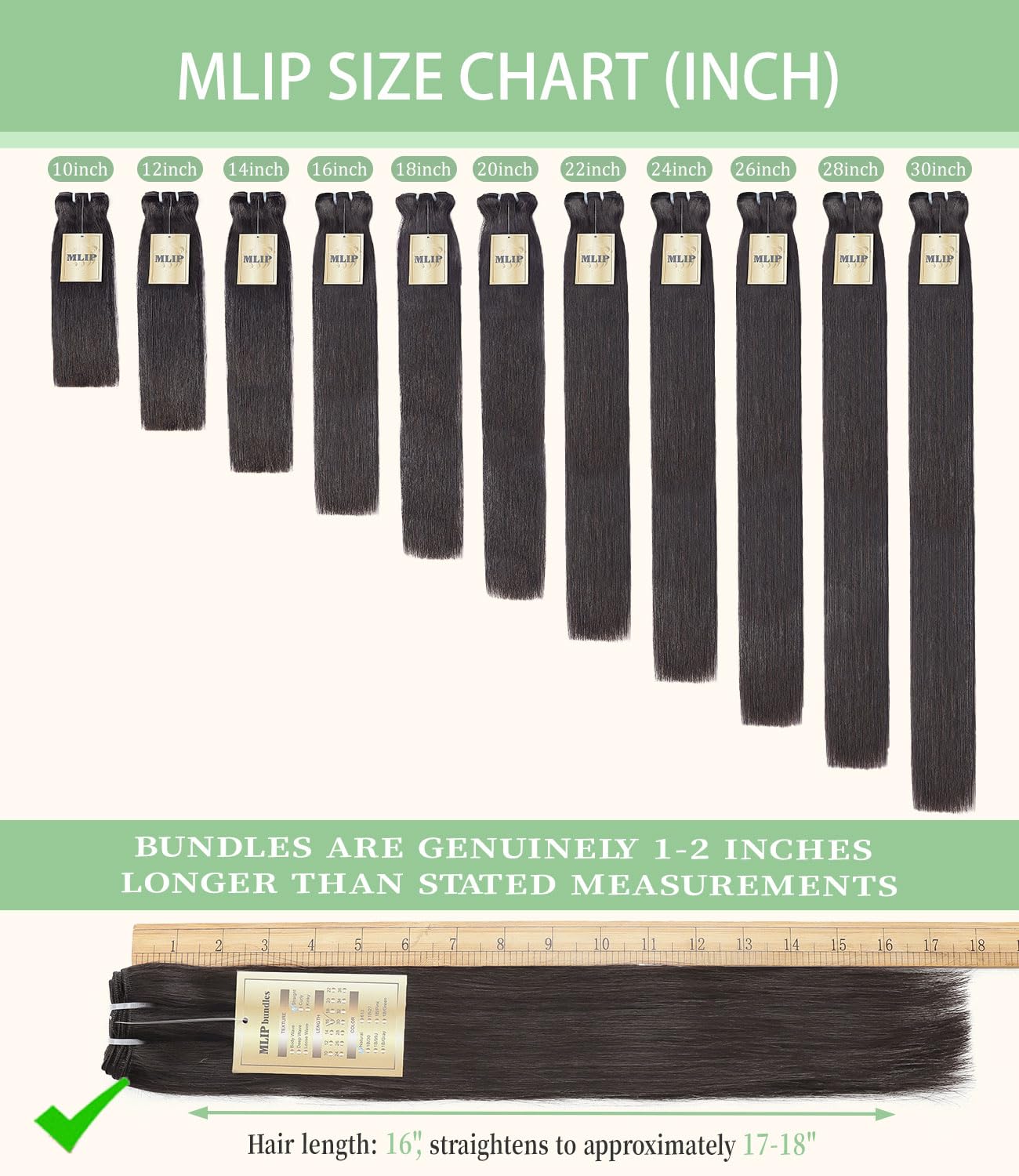Detalle de MLIP Raw Bundles Human Hair Straight (No Tangle/Shedding) 16A Raw Indian Hair, 16/18/20 Inches – Triple Lifespan 3X