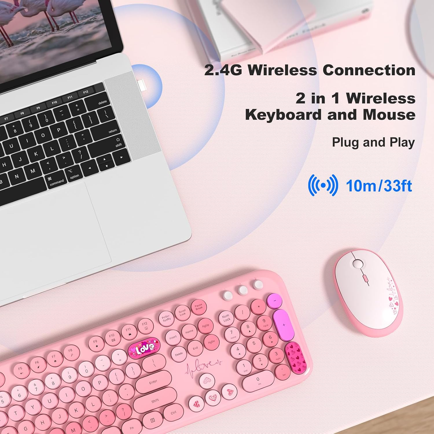 Detalle de MOWUX Wireless Keyboard and Mouse Combo (Full-Size Typewriter Retro Round Keys) + Cute Optical Mouse, Plug and Play — Pink Heart