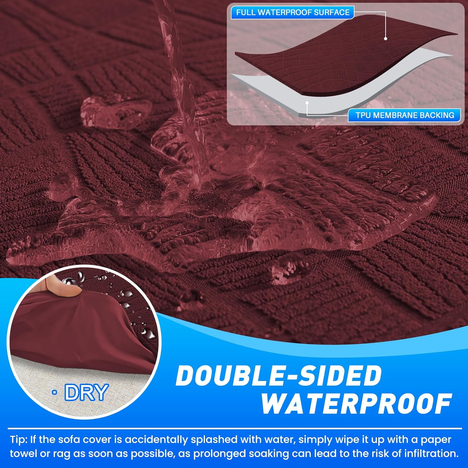 Thumbnail 3 de Ystyle Housse de canapé imperméable 2 places bordeaux avec accoudoirs