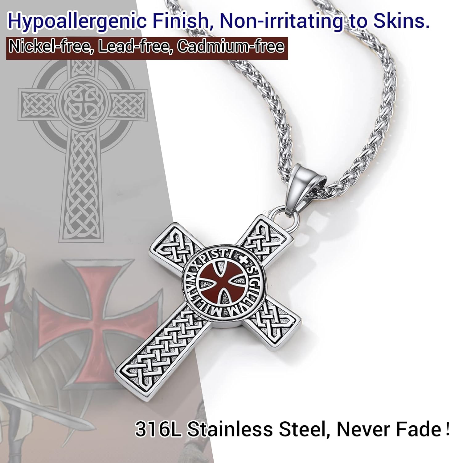 Thumbnail 2 de PROSTEEL collana con ciondolo cavalieri templari, scudo e croce in acciaio inossidabile con confezione regalo