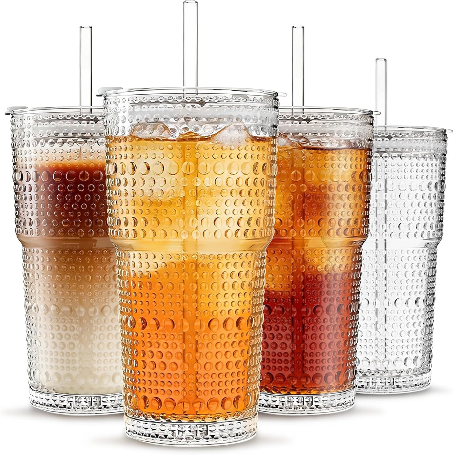 Detalle de INSETLAN 20oz Hobnail Glass Cups with Lids and Glass Straws — 4 Pieces