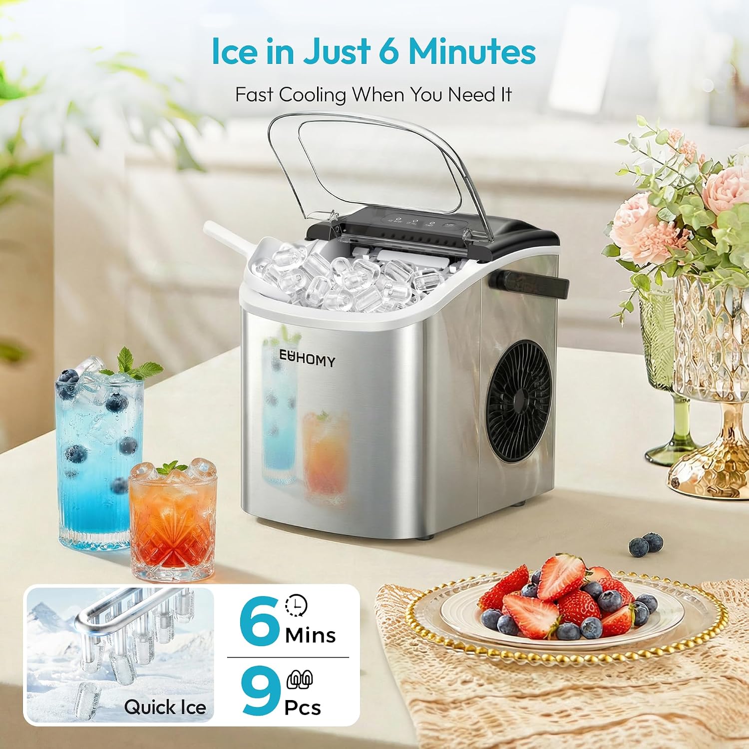 Detalle de EUHOMY IM-06S-HM Countertop Ice Maker, Silver, 6-Minute Bullet Ice