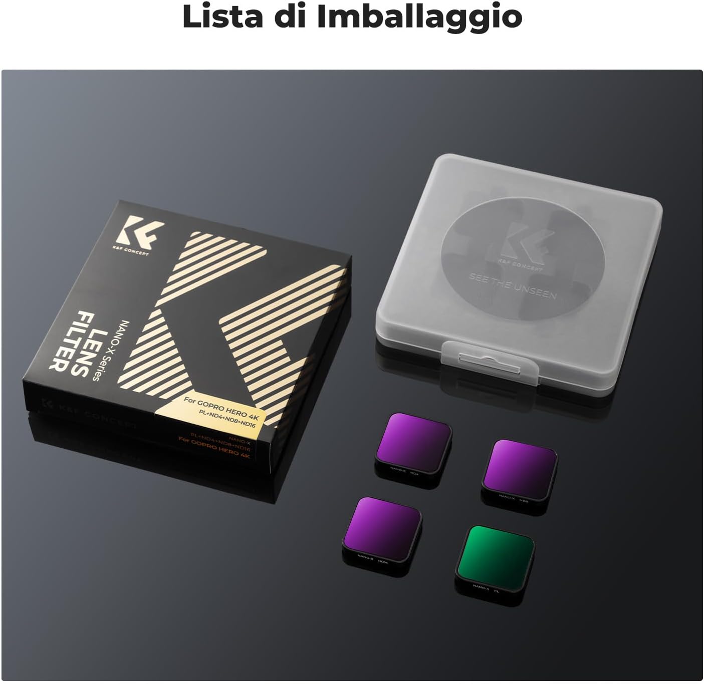 Thumbnail 6 de K&F CONCEPT 4 Pezzi Kit Filtri PL ND4/ND8/ND16 con CPL e 28 Strati di Rivestimento Nano per GoPro Hero 4K