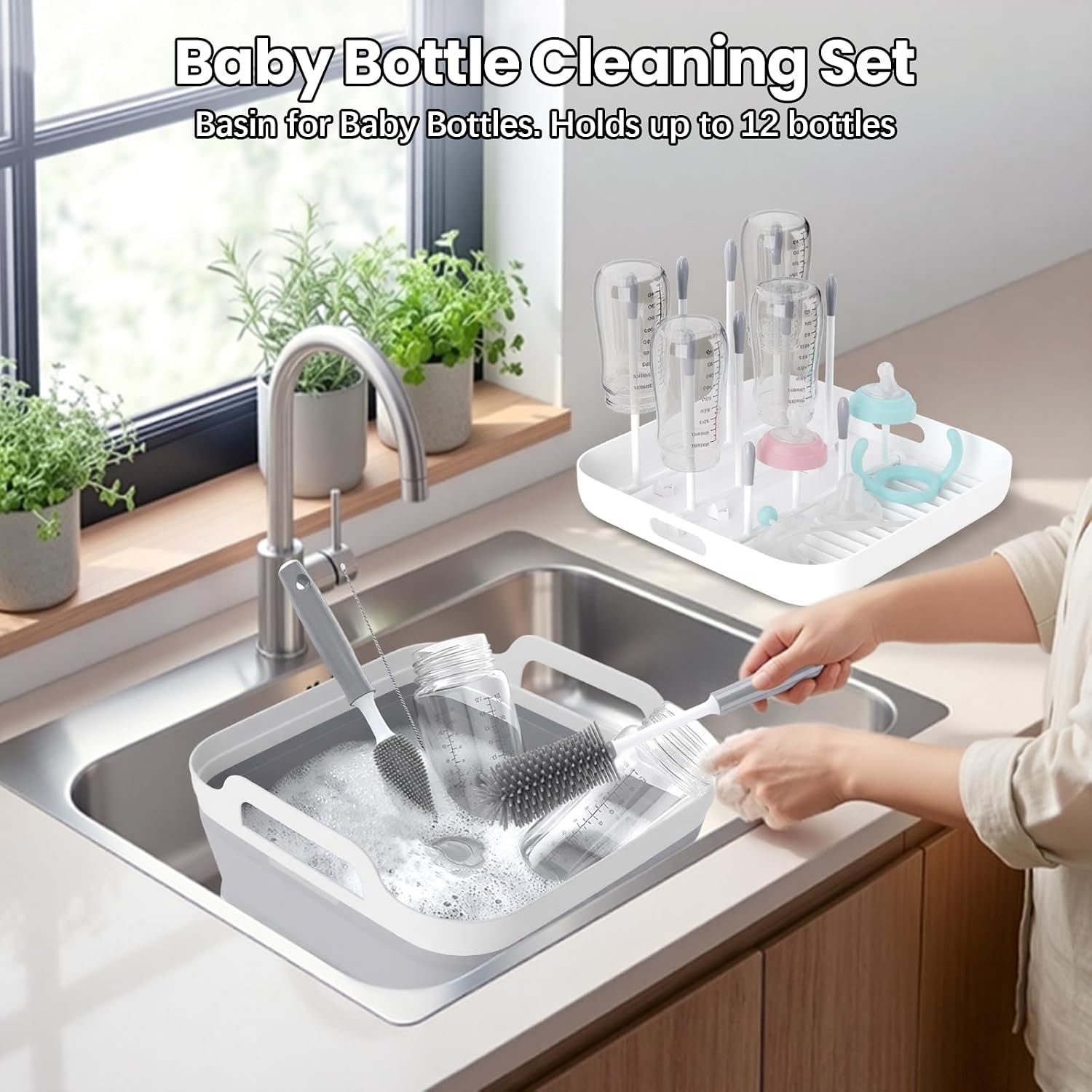 Detalle 2 de Volnamal Collapsible Baby Bottle Wash Basin with Drain Plug and Drying Rack