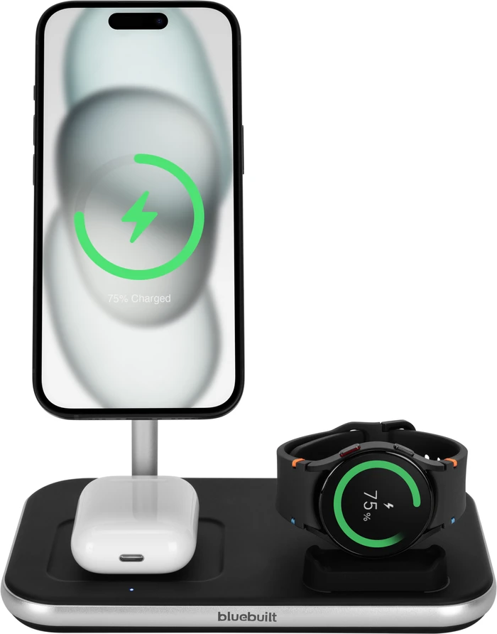 Detalle de BlueBuilt 3-in-1 kabelloses Ladegerät mit Qi2 (15 W) und Magner, schwarz