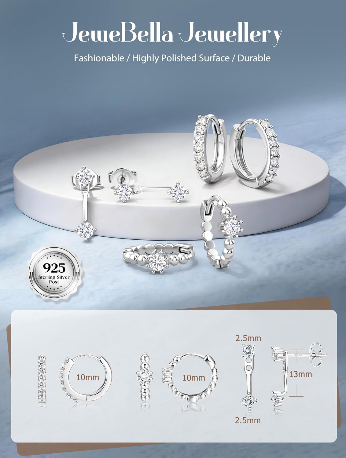 Thumbnail 1 de JeweBella 3 Paar Ohrringe Set aus 925 Silber mit Zirkonia – Ohrringstecker, Creolen & Huggie (stapelbar)