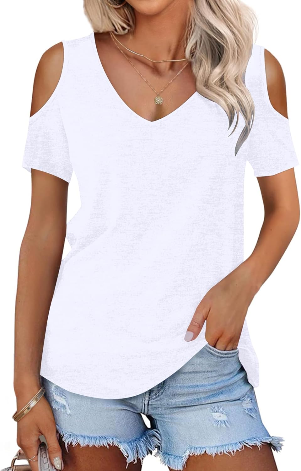 Detalle de WNEEDU Maglietta Donna Estiva Manica Corta con scollo a V e Spalle Scoperte