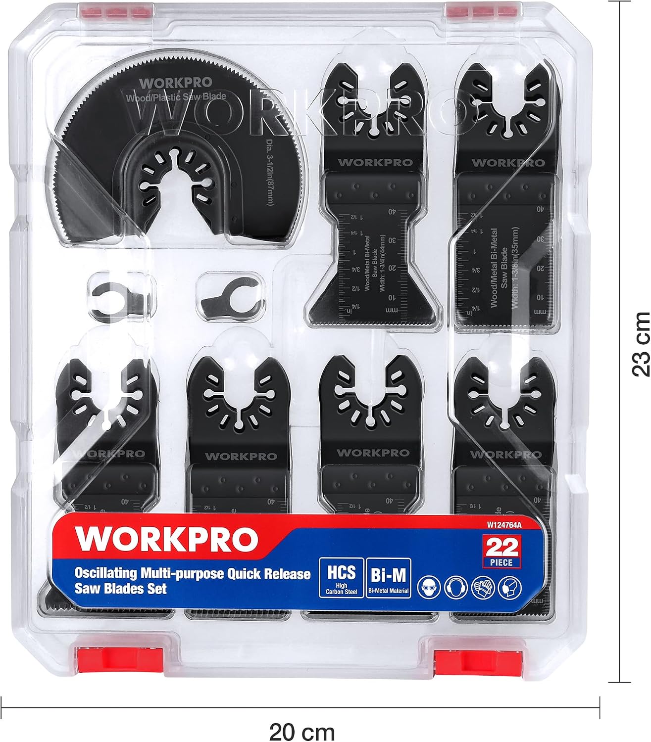 Detalle 2 de WORKPRO Lame Utensile Multifunzione 22 Pezzi – Lame oscillanti bi-metallo per metallo, legno, plastica e cartongesso