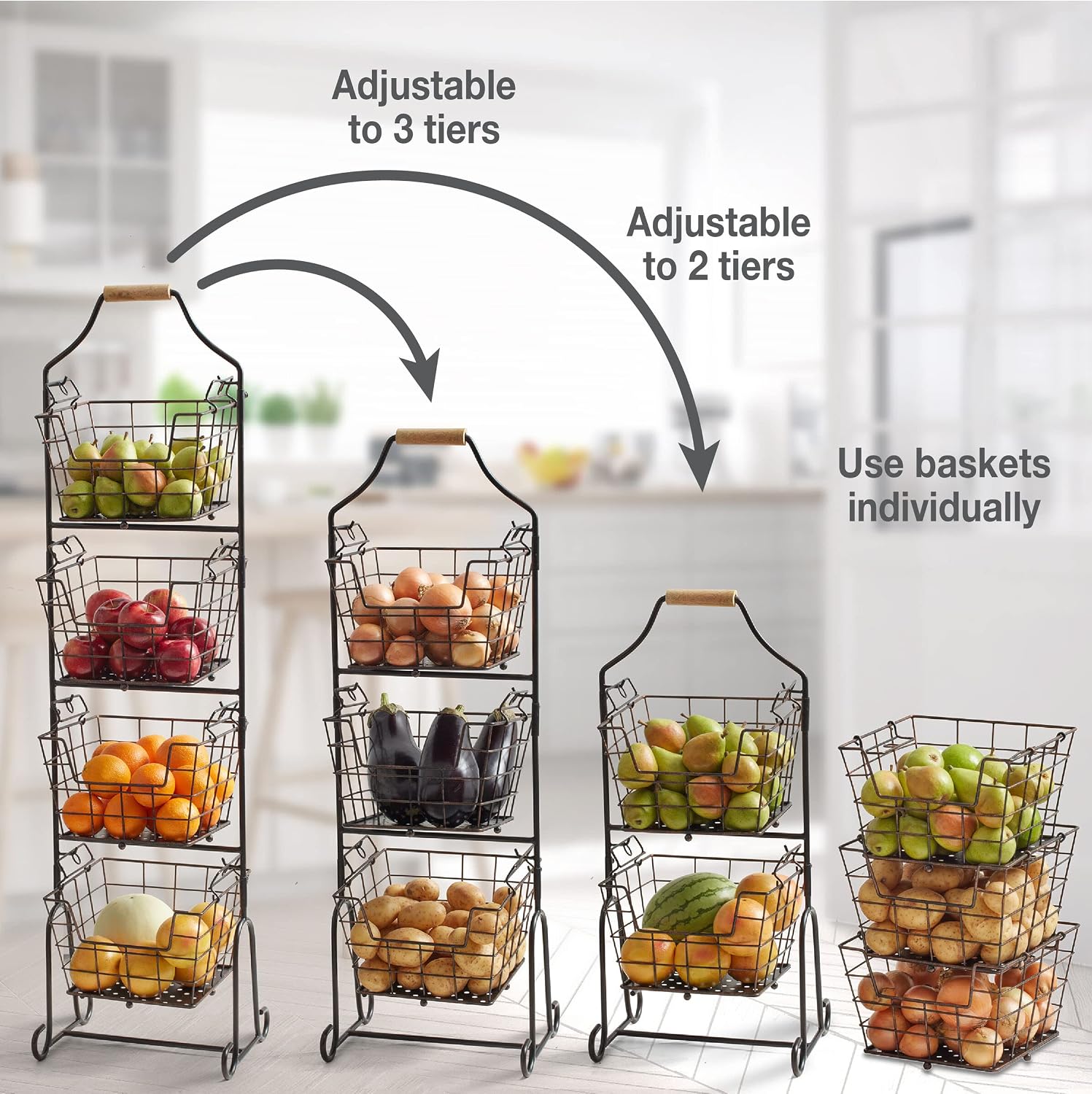 Detalle de Mikasa Gourmet Basics Ferme 4-Tier Market Basket with Antique Black Wire & Acacia Wood Handle