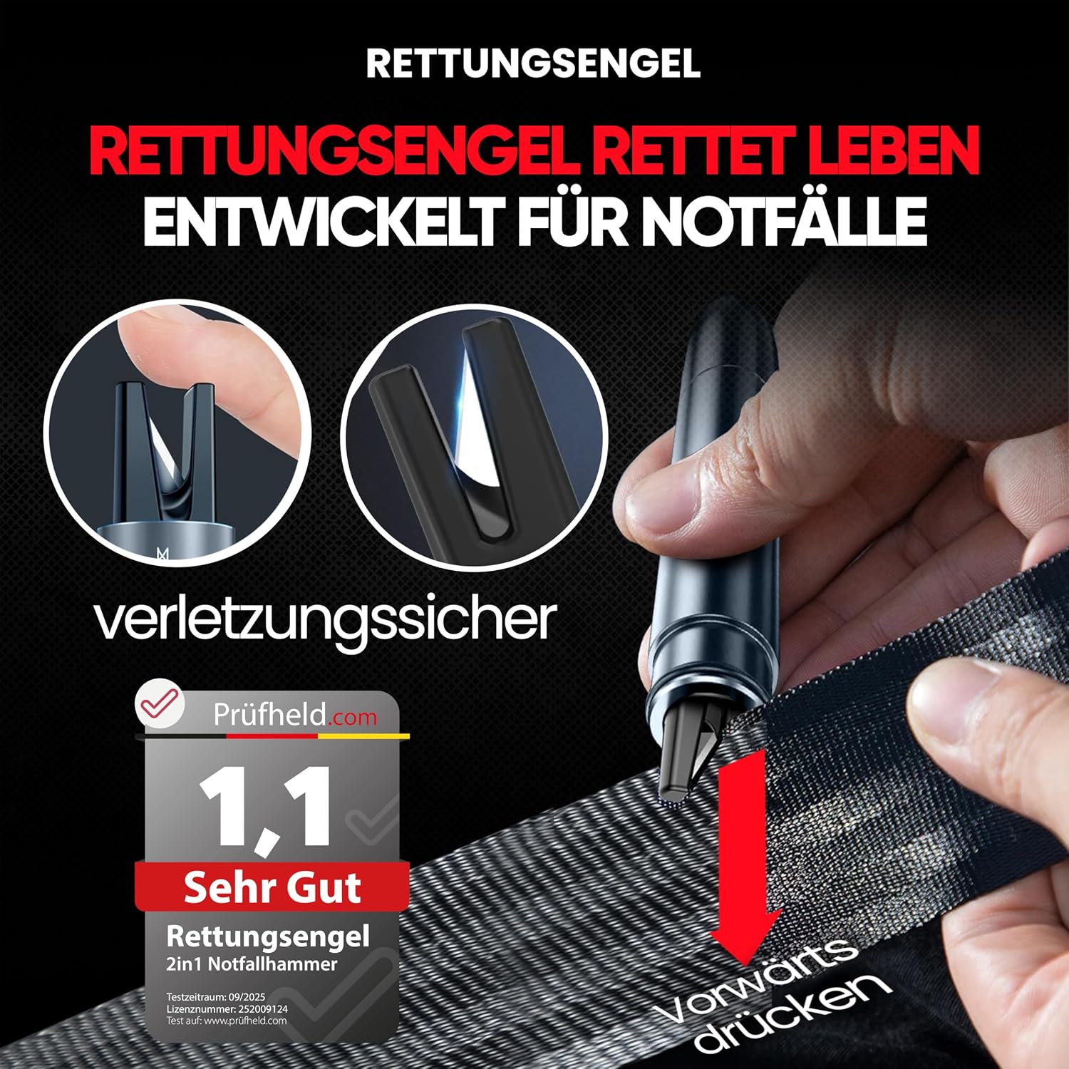 Detalle de RETTUNGSENGEL 2in1 Notfallhammer Auto mit Gurtschneider und Glasbrecher – kompakt & zuverlässig