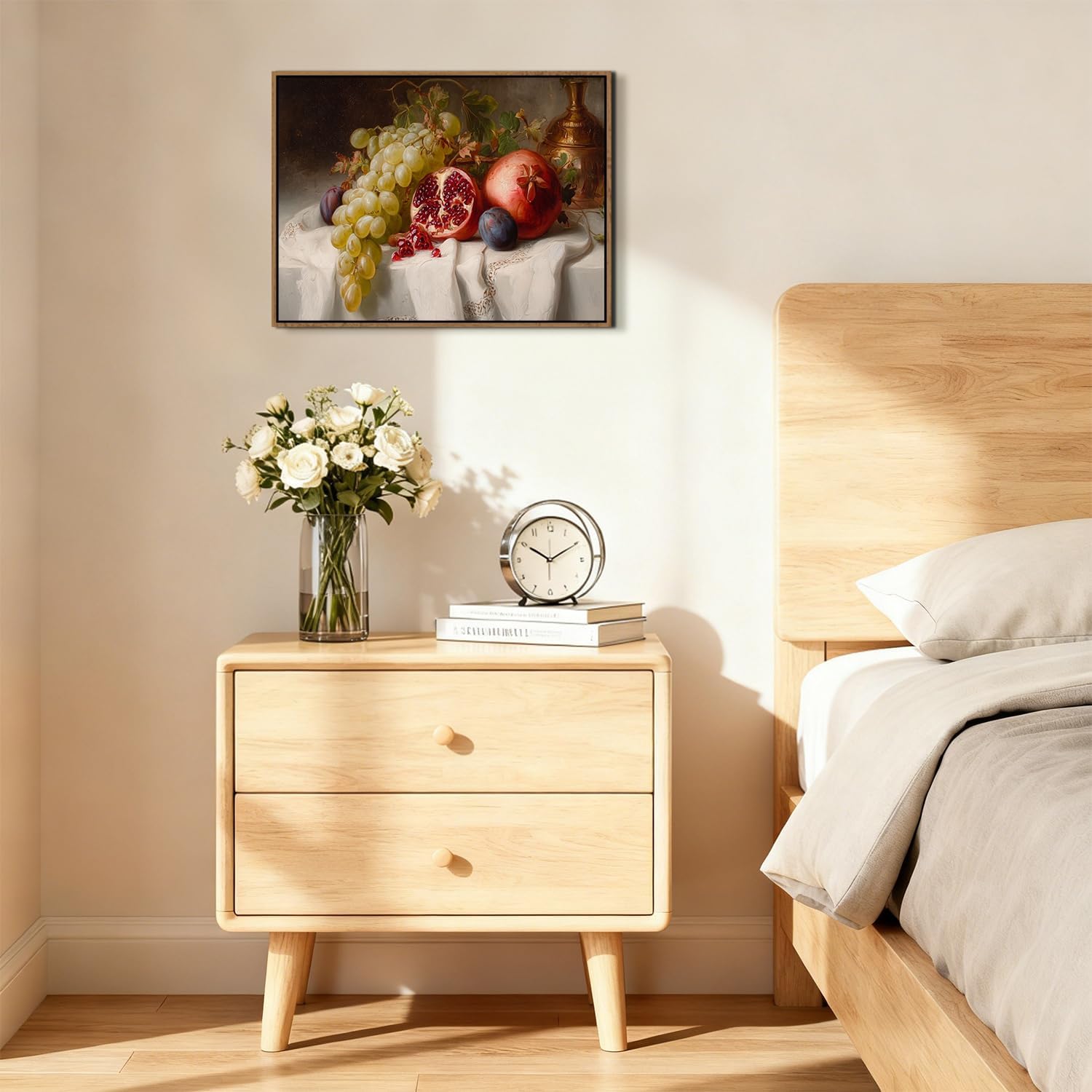 Thumbnail 1 de Vintage Framed Canvas Wall Art – Farmhouse Kitchen Still Life (12x16) with Green Grapes and Pomegranate