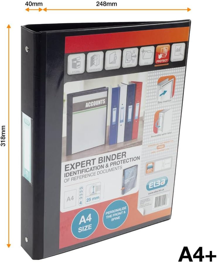 Thumbnail 1 de Elba A4 4 O-Ring Binder with Customisable Cover, 25mm Capacity, 30mm Spine, Portrait (Black)